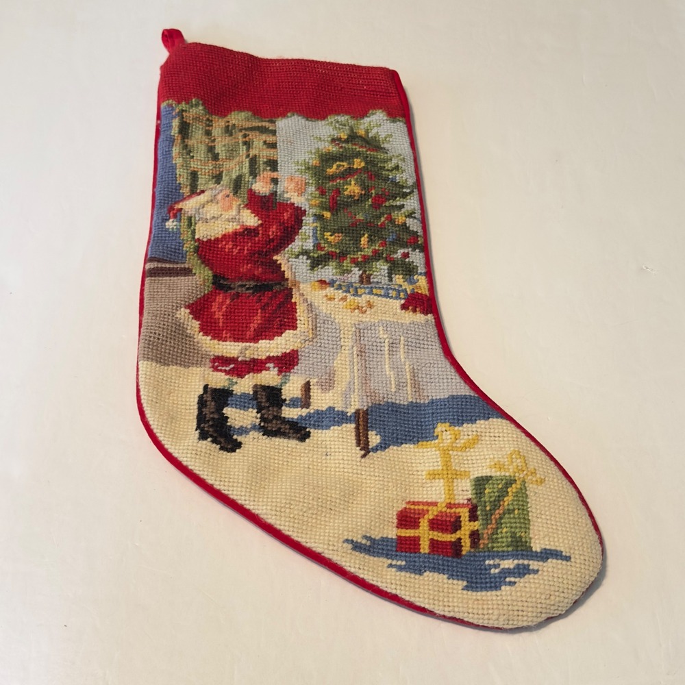 Lands End Christmas Stocking Red Santa Needlepoint Wool Vintage Holiday Decor